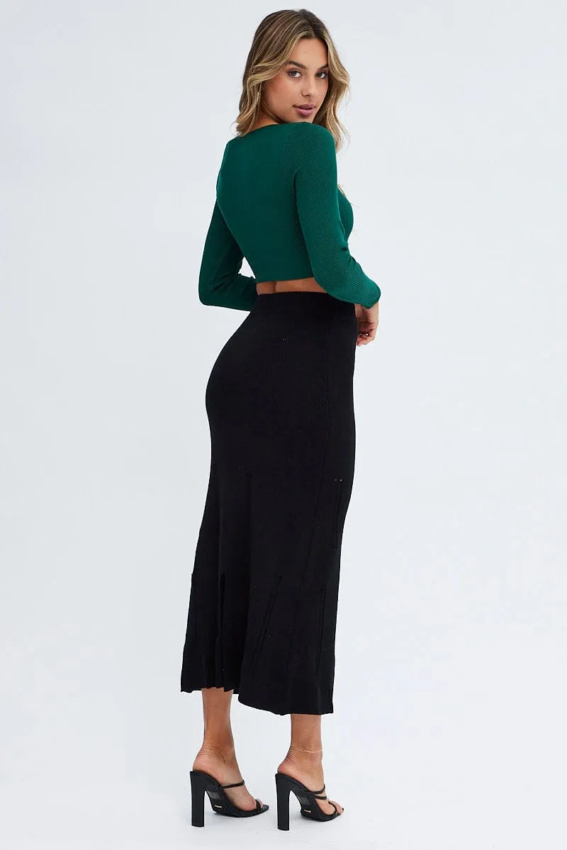 high contrast Black Midi Skirt High Waisted A-line Ladder Knit