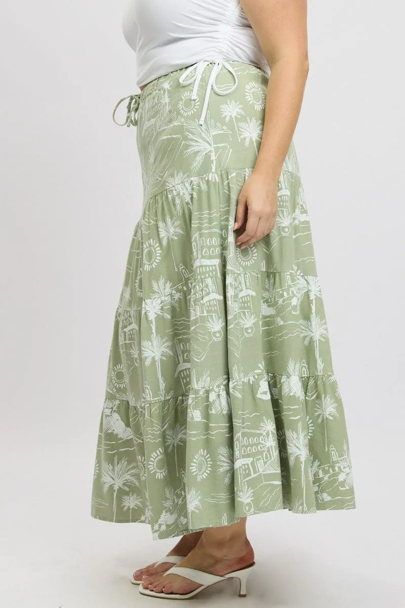 Green Abstract Tiered Maxiskirt Tie Waist Sleek Outfit Curve Friendly