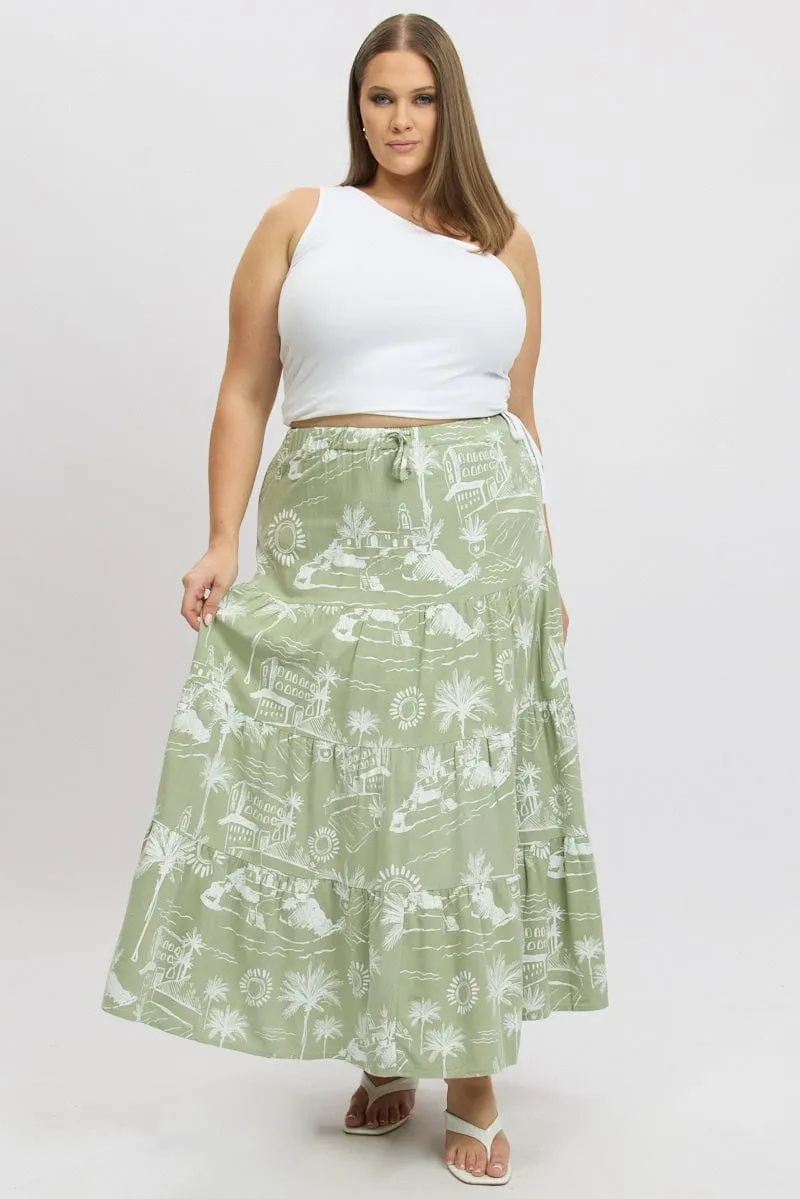Green Abstract Tiered Maxiskirt Tie Waist Classic Look