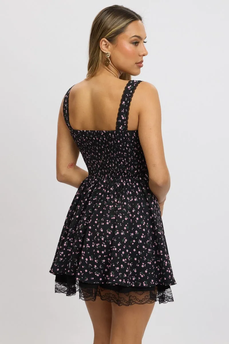 Black Ditsy Fit And Flare Dress Corset Detail Mini Easy Fit Lightweight Vest