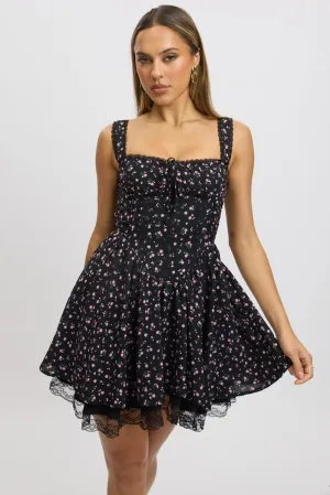 Black Ditsy Fit And Flare Dress Corset Detail Mini Winter Layer
