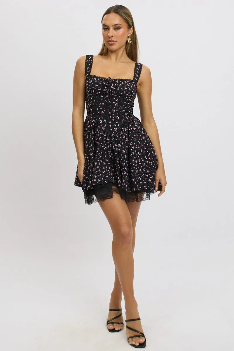 Movement Friendly ReinforcedStitching Black Ditsy Fit And Flare Dress Corset Detail Mini
