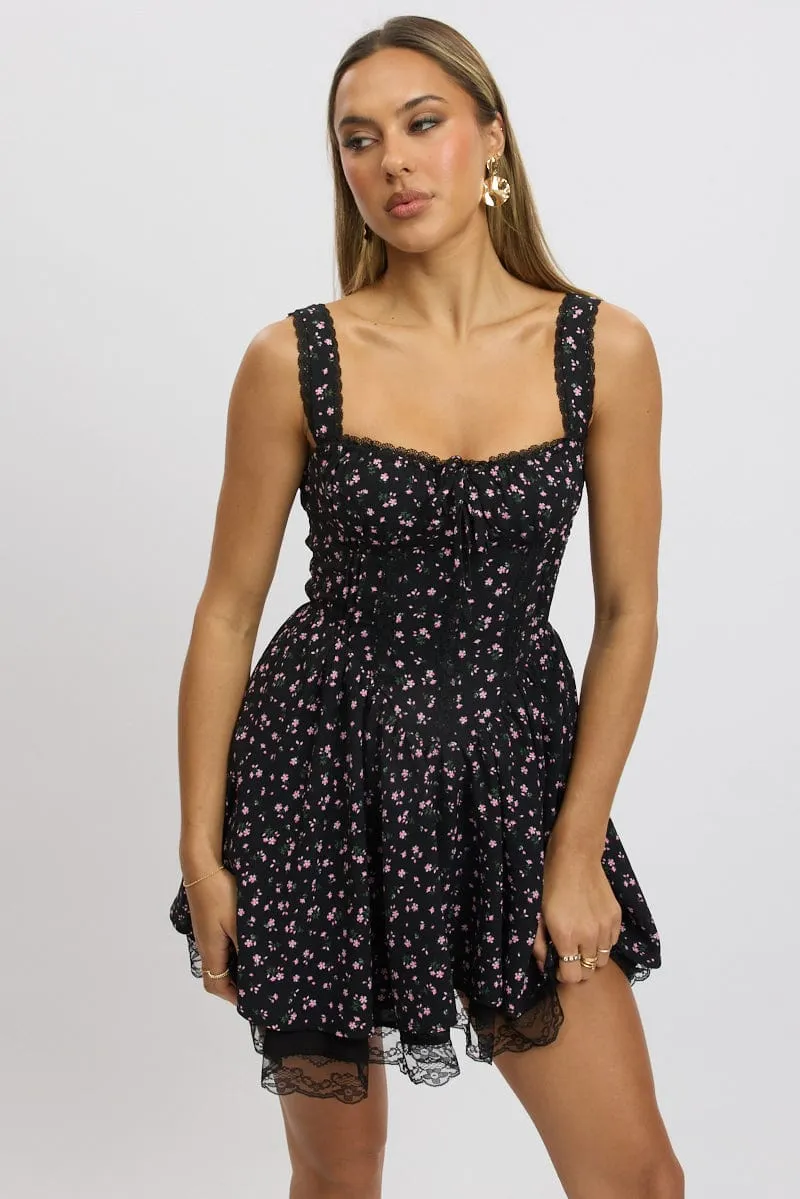 Black Ditsy Fit And Flare Dress Corset Detail Mini QuickReleaseClosures