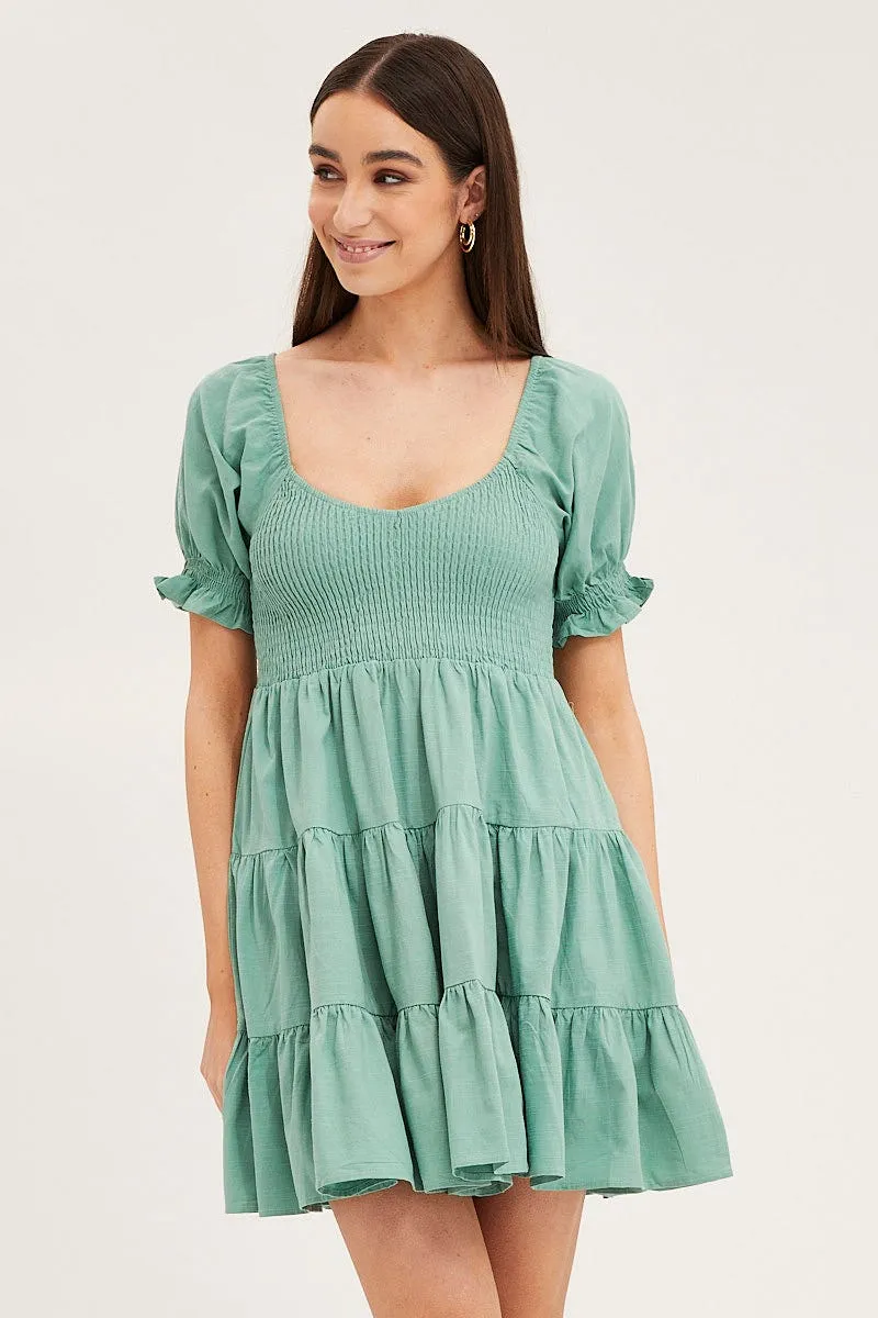 Green Puff Sleeve Shirred Tiered Skater Dress Snow Ready Cool Vest