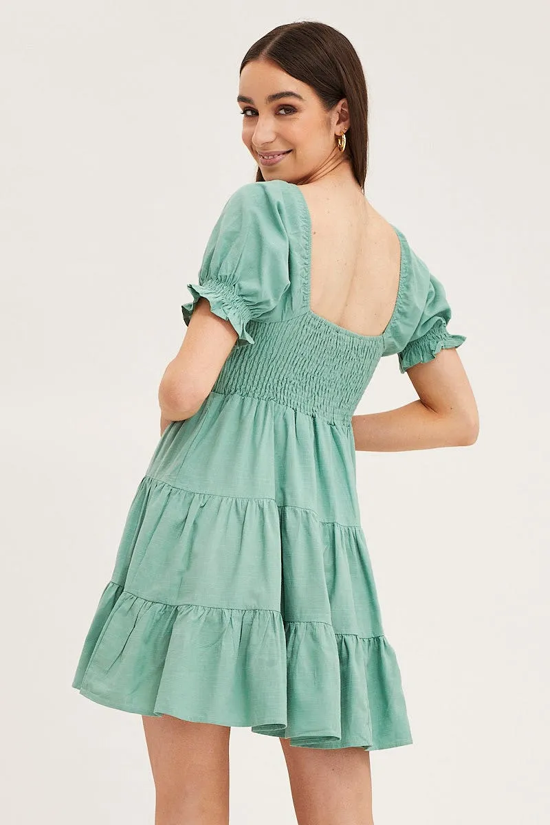 Green Puff Sleeve Shirred Tiered Skater Dress SustainableYarnBlend Recycled Fit