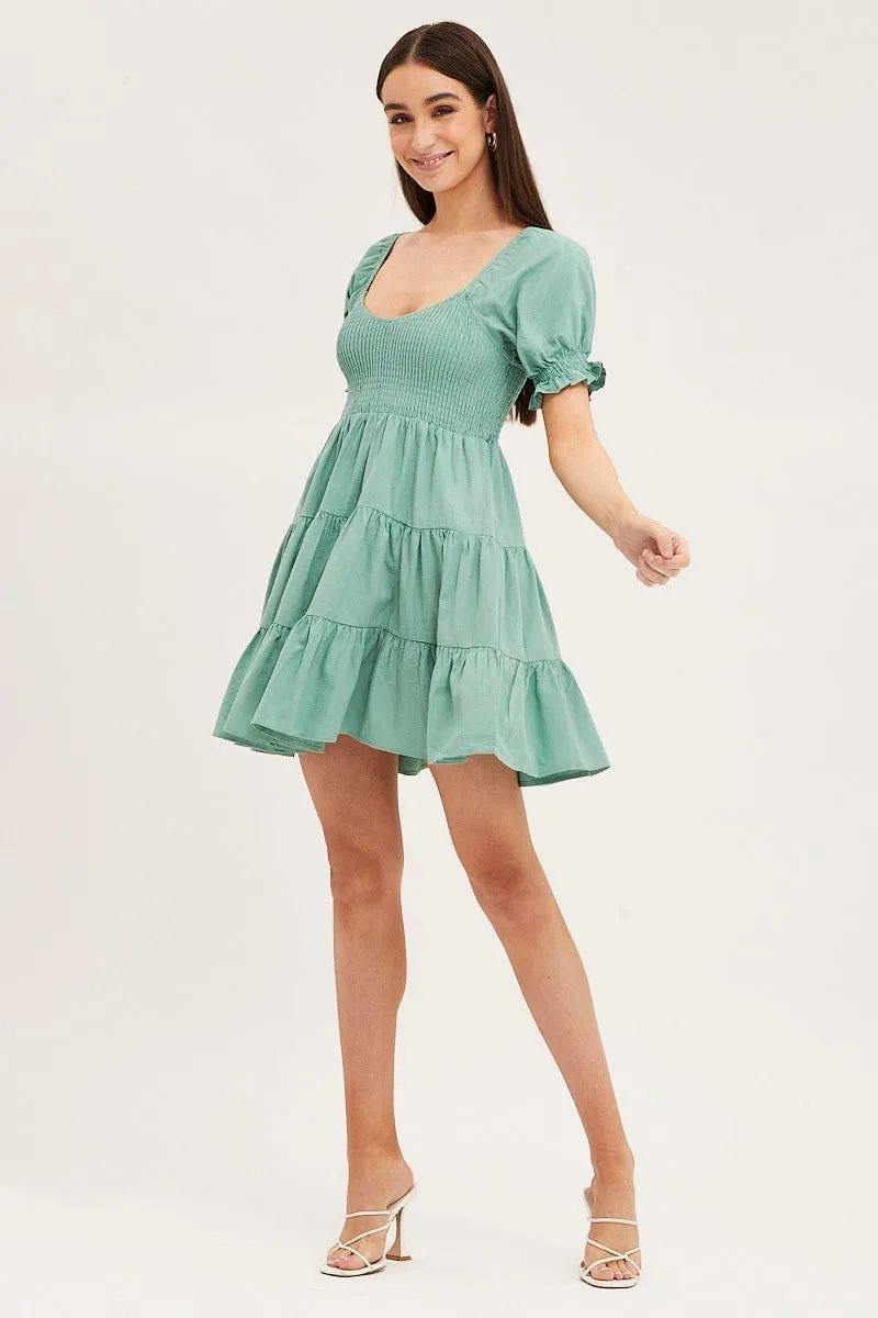 Green Puff Sleeve Shirred Tiered Skater Dress Ergonomic Pattern