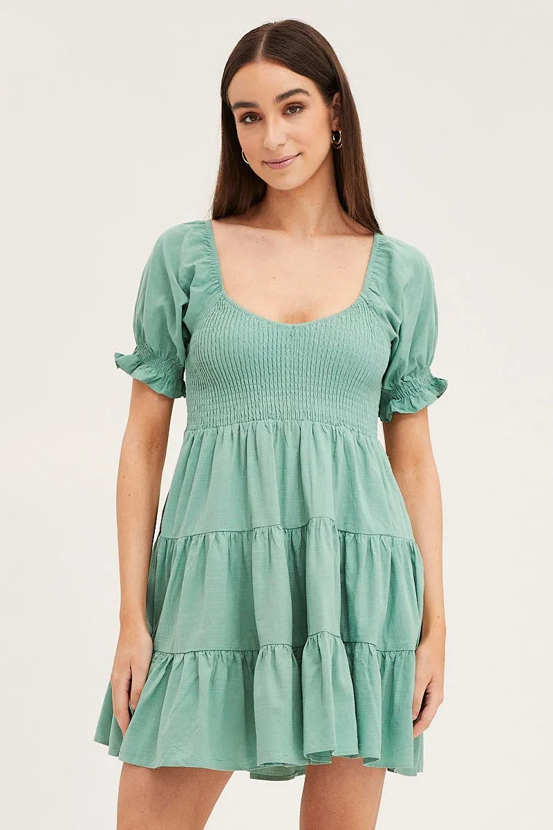 Green Puff Sleeve Shirred Tiered Skater Dress AntiPillFinish Smart Fit