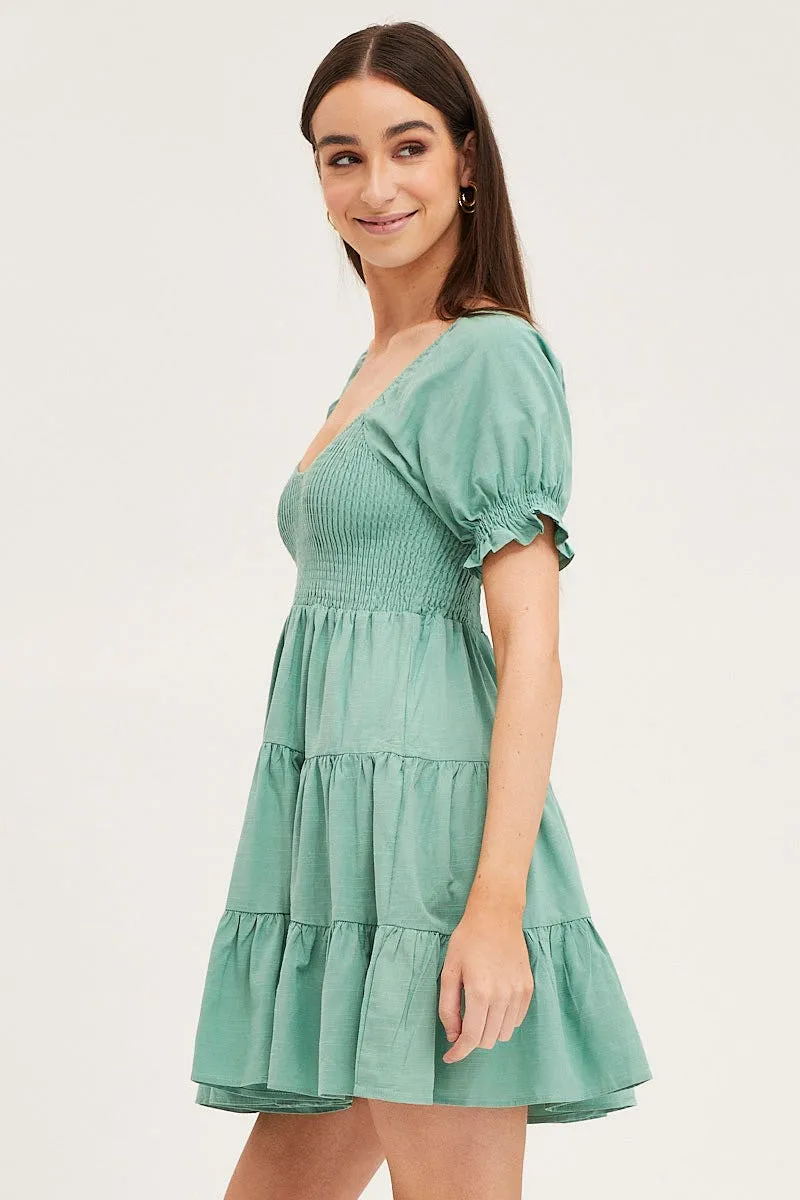 Green Puff Sleeve Shirred Tiered Skater Dress Everyday Look