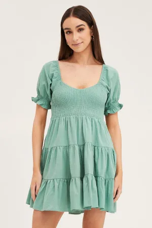 Green Puff Sleeve Shirred Tiered Skater Dress AntiPillFinish Smart Fit