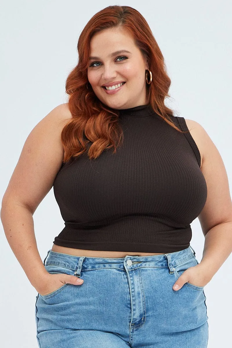 Simple Style Model Edge Brown Tank Top High Neck Seamless