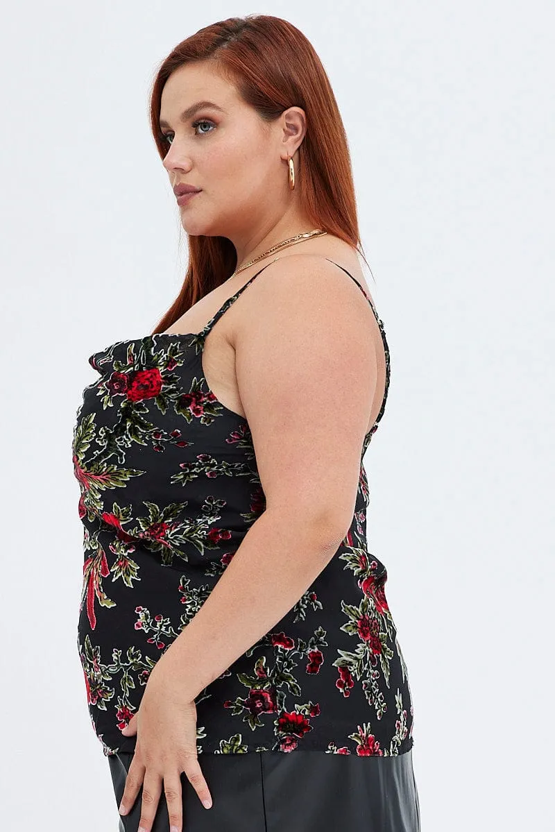 Cozy Wrap Warm Layers Black Floral Cowl Top Sleeveless Burnt Out