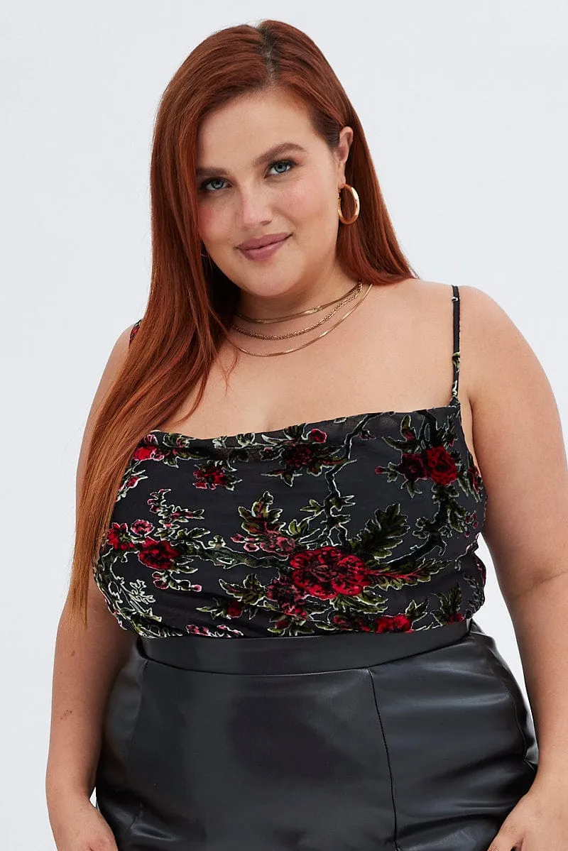 Lift Mode Hero Glow Black Floral Cowl Top Sleeveless Burnt Out