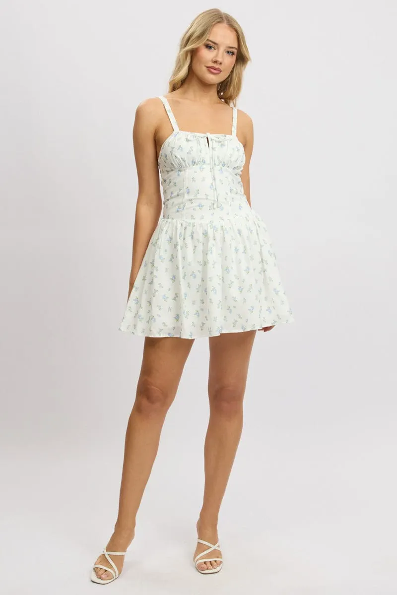Comfortable Wear Comfort sleepwear White Ditsy Fit And Flare Dress Drop Waist Mini