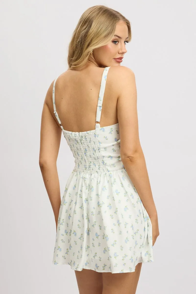 White Ditsy Fit And Flare Dress Drop Waist Mini Virtual Fit