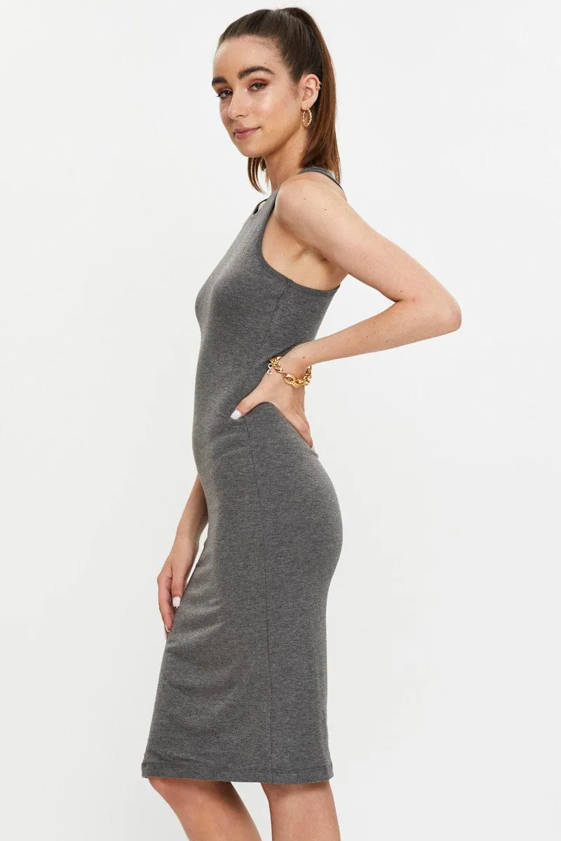 MultiDirectionalFlex Grey Racer Neck Tie Front Midi Bodycon Dress
