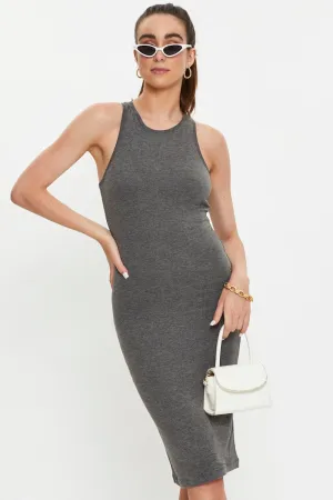 LowBulkFabric AntiOdor Fabric Grey Racer Neck Tie Front Midi Bodycon Dress