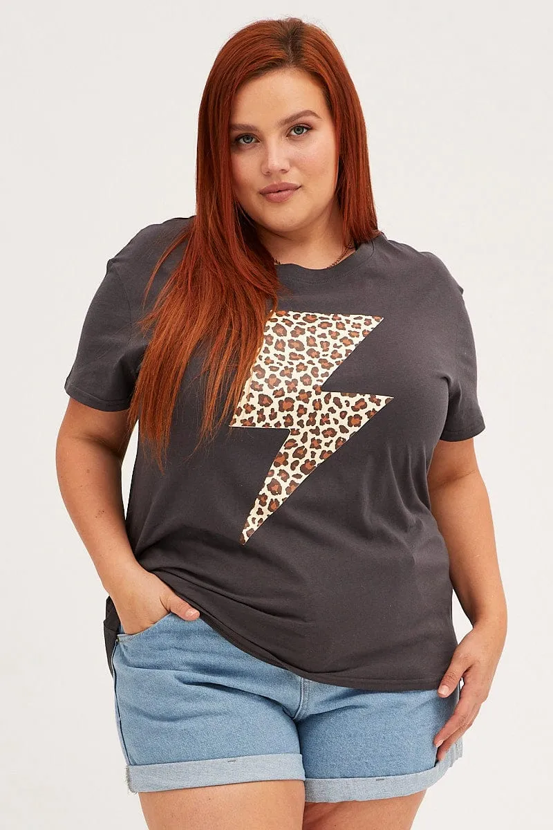 Daily Comfort Style Spandex Enhanced Elasticity Grey Graphic T-shirt Short Sleeve Lightning Bolt