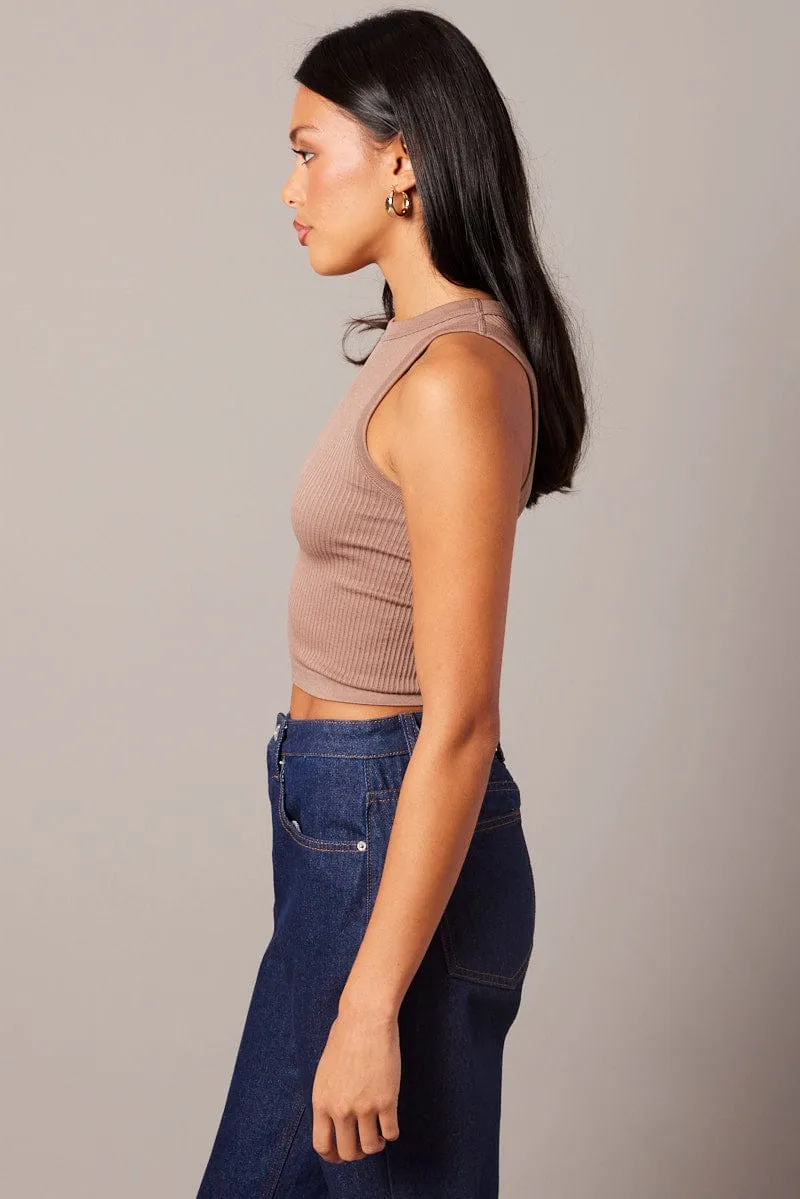 Sharp Cut Active Apparel Brown Tank Top Crew Neck Seamless