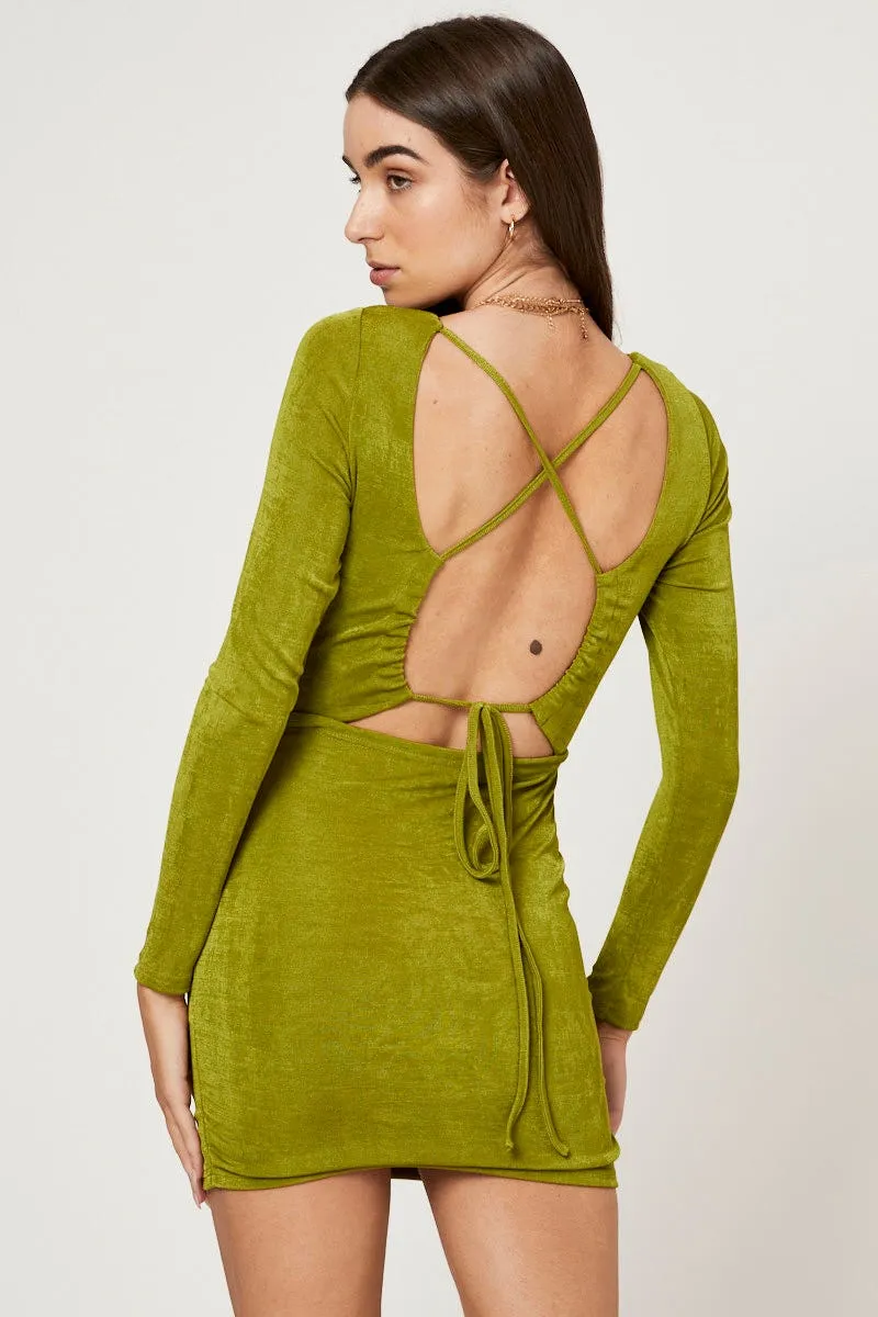 Outdoor Wear HeavyDuty Zipper Green Strappy Tie Back Ruched Slinky Jersey Bodycon Dress