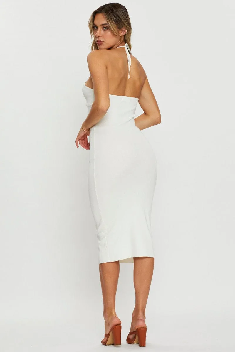 White Knit Dress Midi Halter Neck Outdoor Jacket