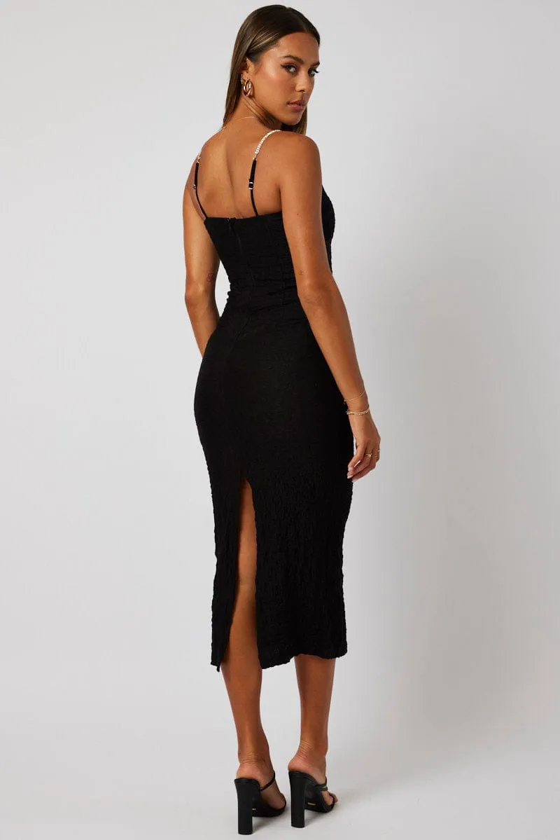 Black Textured Bodycon Dress Gloss Glow Stylish Hat