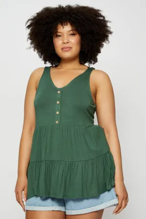 Green Tank Top Peplum Scoop Neck Jersey Button Front Glitter Fit