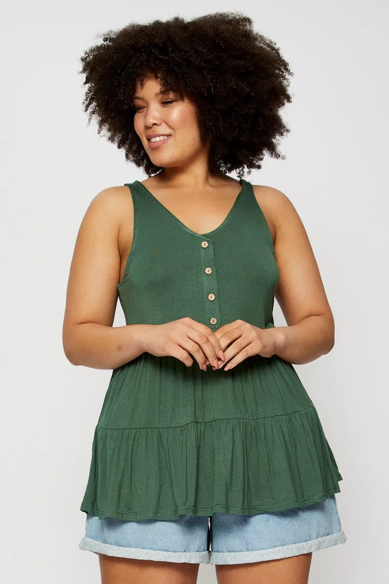 Sky Cool Green Tank Top Peplum Scoop Neck Jersey Button Front