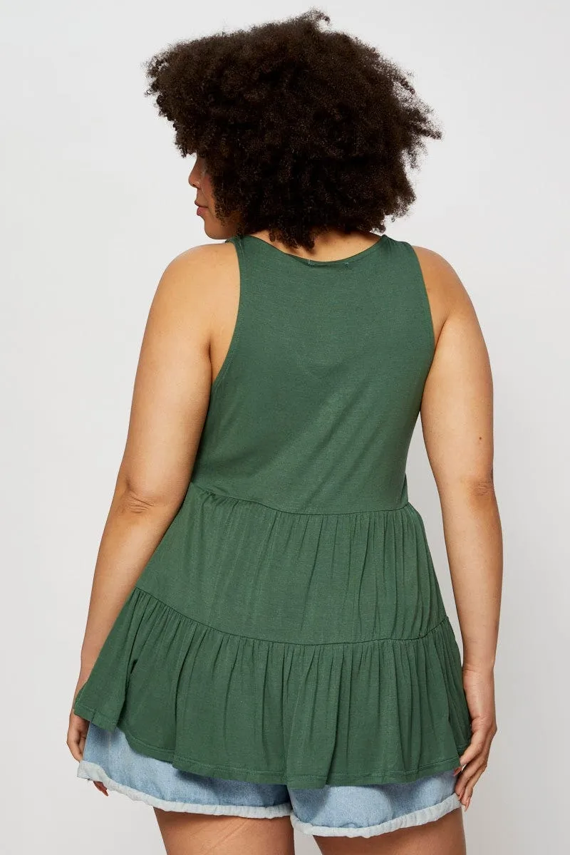 Green Tank Top Peplum Scoop Neck Jersey Button Front casual fun