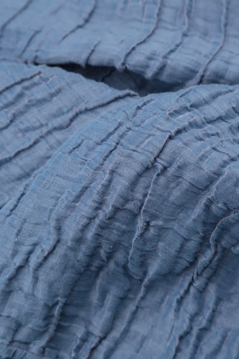 Shoot Mood V-Neck Crinkled Blue Nova Silk Linen Dress