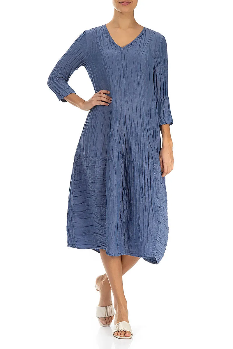 OdorControlTech V-Neck Crinkled Blue Nova Silk Linen Dress
