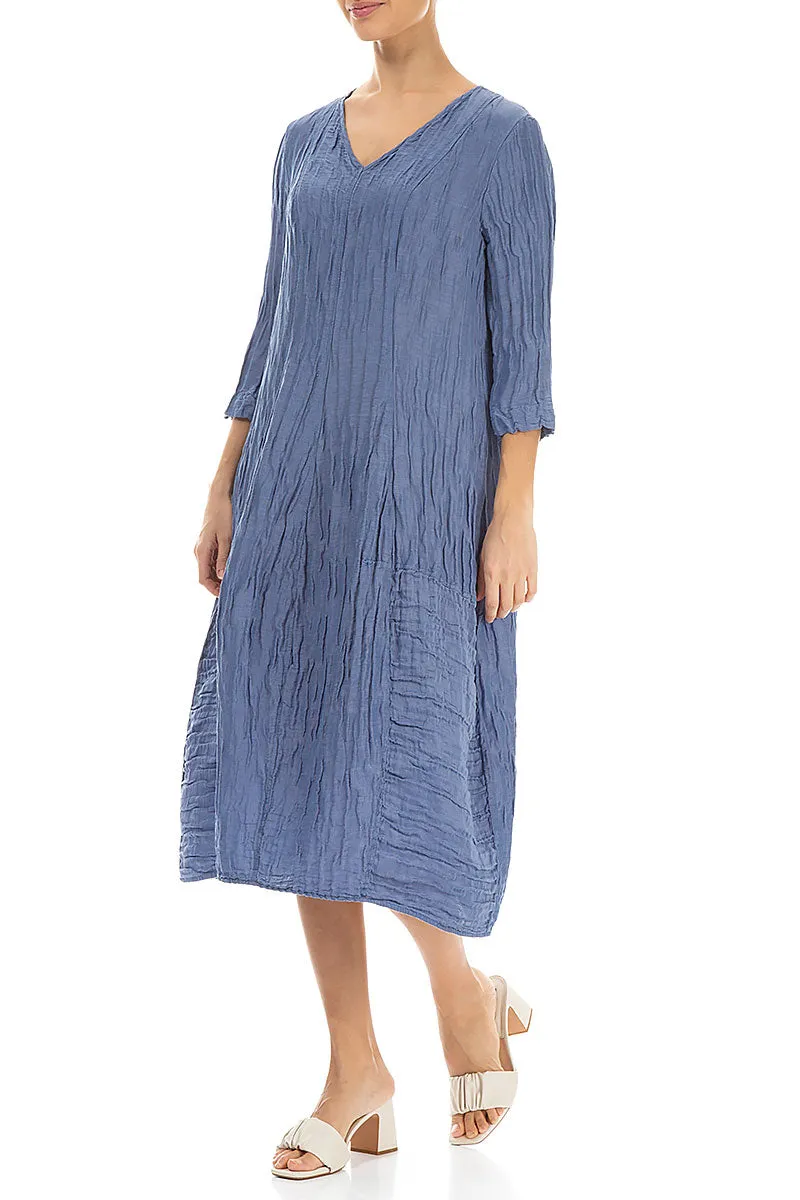V-Neck Crinkled Blue Nova Silk Linen Dress Layered Shirt Dream Base