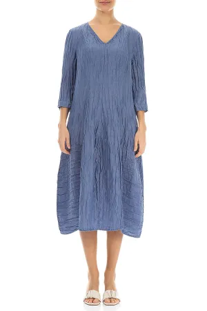 Classic Mode V-Neck Crinkled Blue Nova Silk Linen Dress