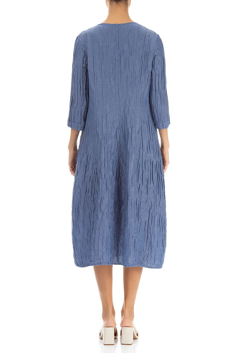 V-Neck Crinkled Blue Nova Silk Linen Dress Young Edge
