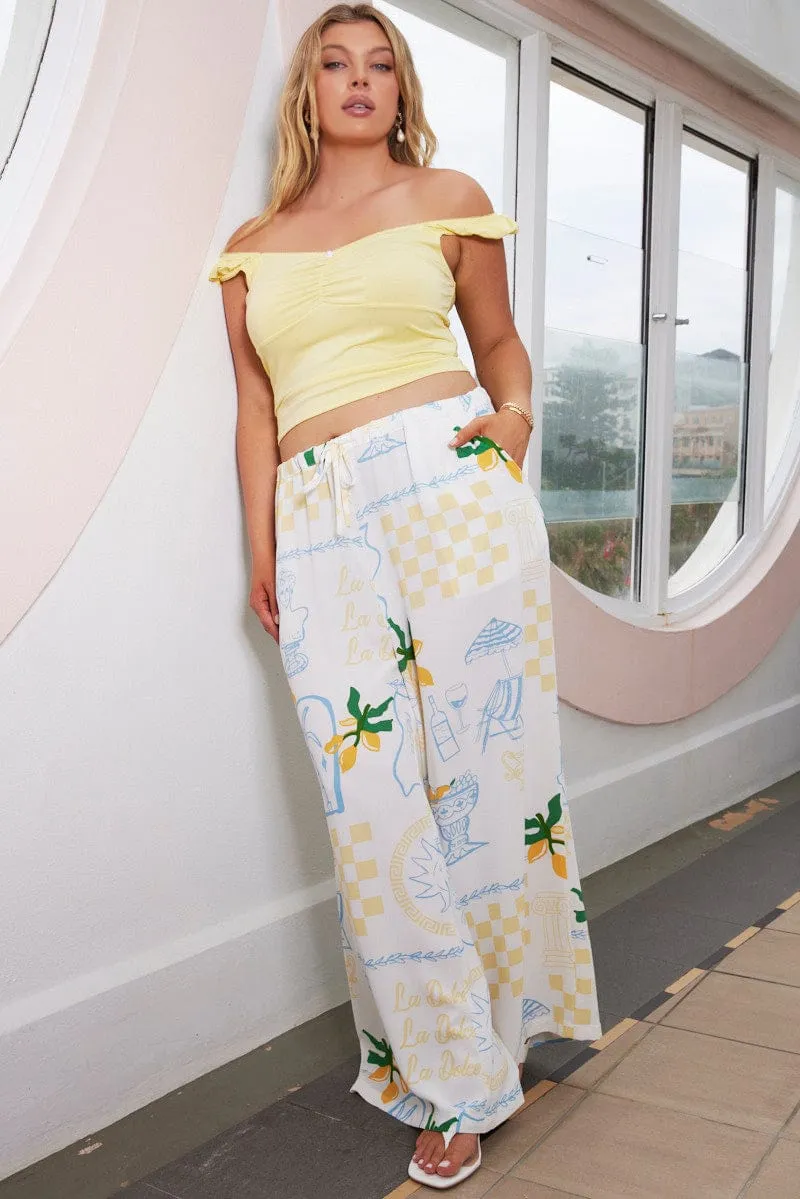 StretchMaterial Flexible Cut Yellow Abstract Wide Leg Pants