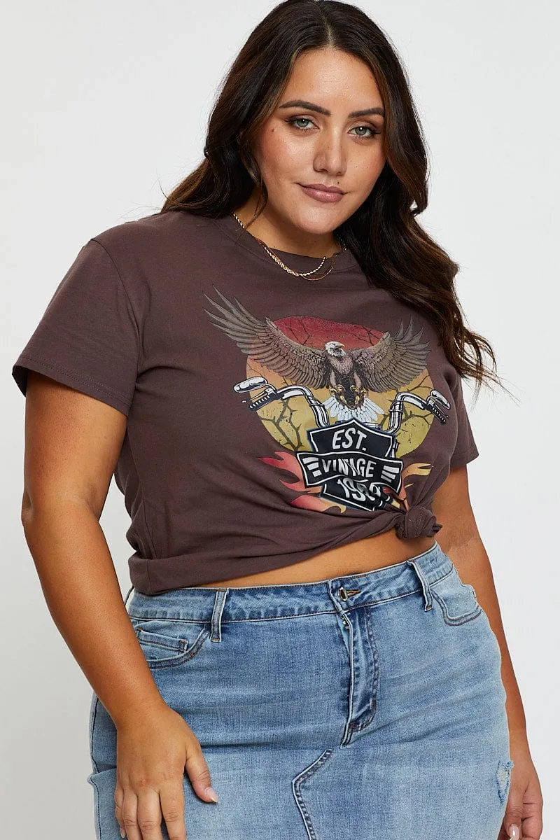 Everyday Look Wear Relaxed Comfort Fit Brown Graphic T-shirt Eagle 1989 Short Sleeve Cotton