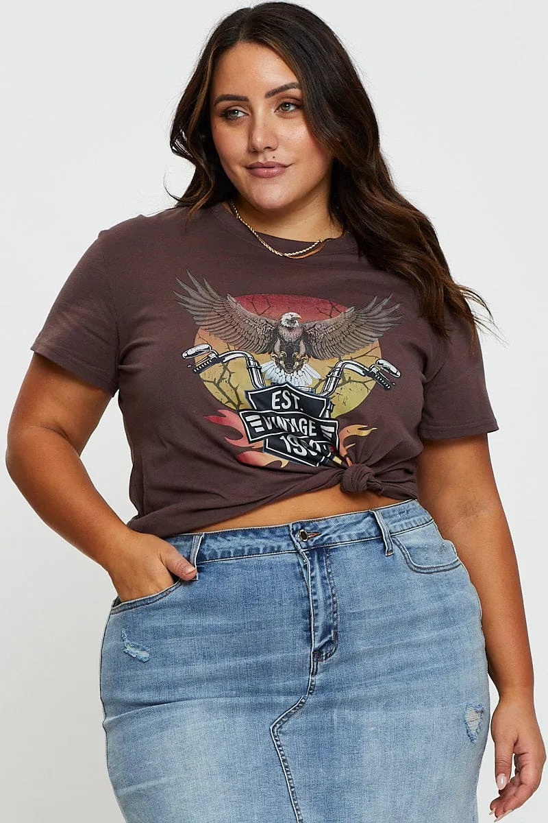 Brown Graphic T-shirt Eagle 1989 Short Sleeve Cotton Autumn Wear homecoming