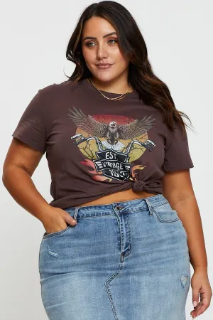 Brown Graphic T-shirt Eagle 1989 Short Sleeve Cotton Autumn Wear homecoming