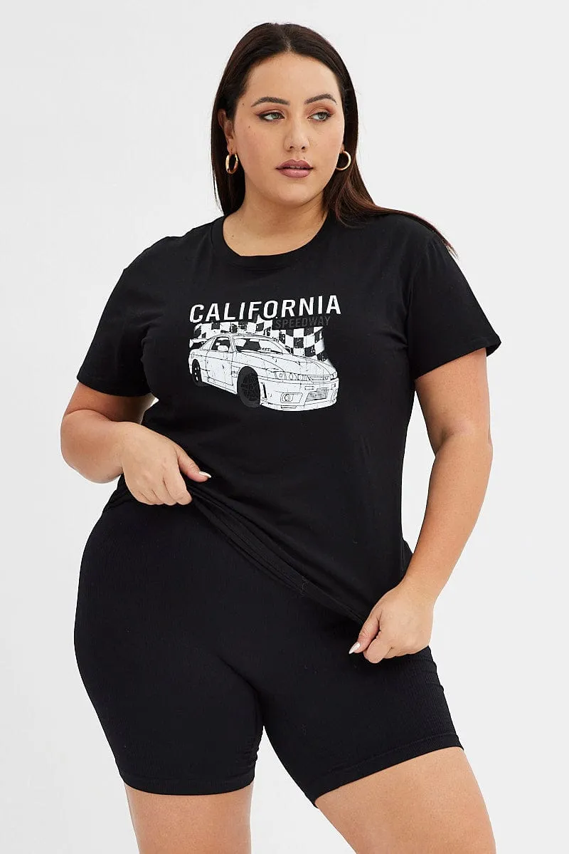 Classic Layer Wear Active Style Trend Black Graphic T-shirt California Speedway Short Sleeve