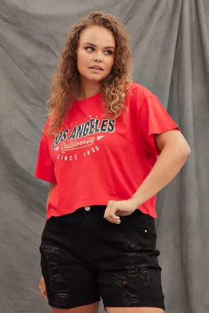 Ethically Sourced Materials Stylish Layering Red Graphic T-shirt Los Angeles Crop Cotton