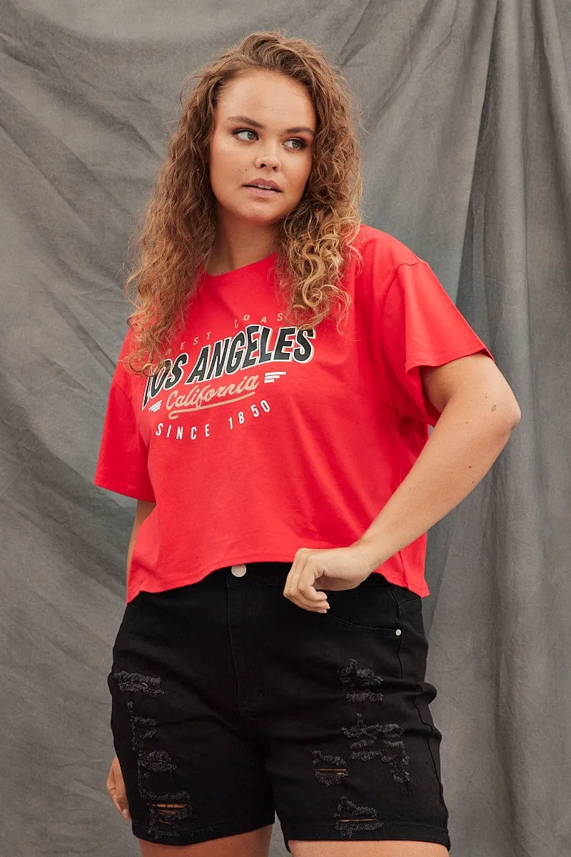Ethically Sourced Materials Stylish Layering Red Graphic T-shirt Los Angeles Crop Cotton