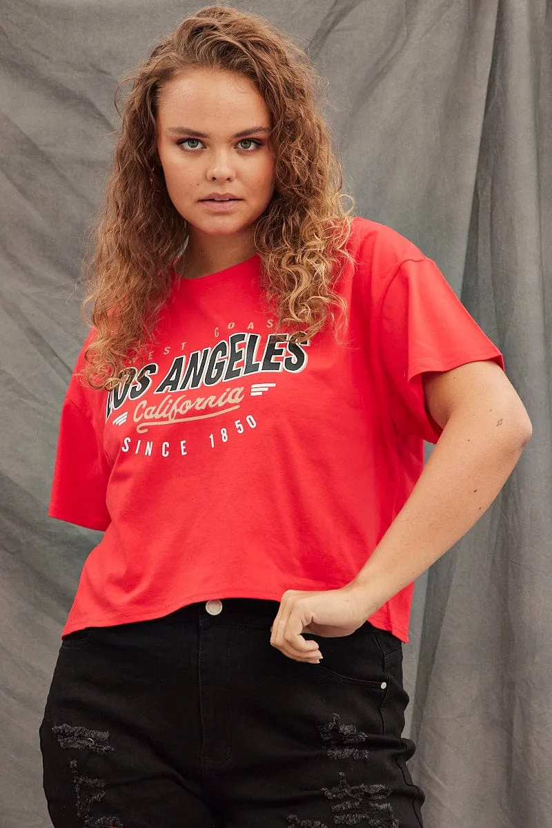 Red Graphic T-shirt Los Angeles Crop Cotton Holiday Style Trend Anti Odor Technology