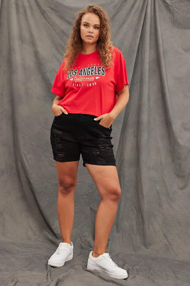 Easy-Going Style Red Graphic T-shirt Los Angeles Crop Cotton