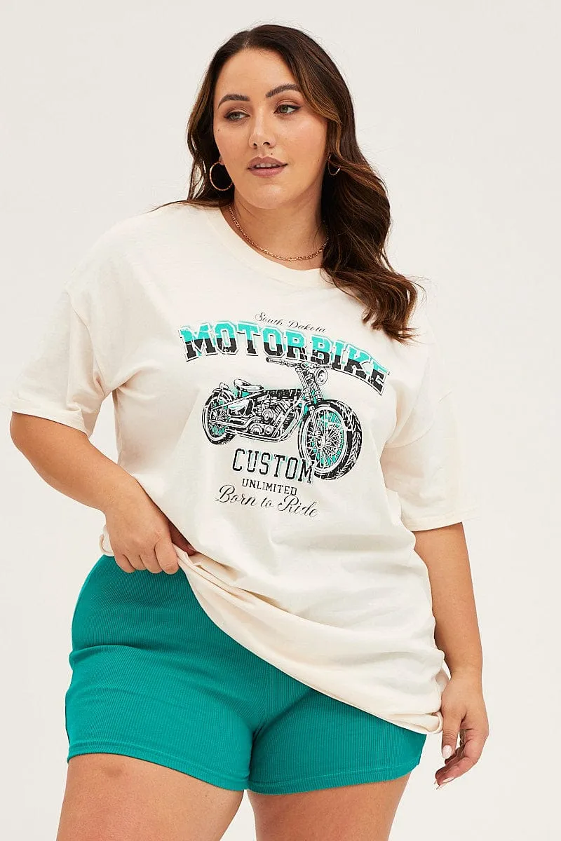 Relaxed Smart Beige Crew Neck Short Sleeve Graphic T-shirt