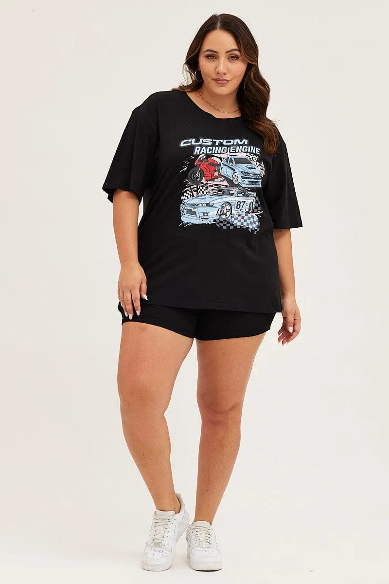 Simple Comfort Wear Plus size confidence Black Crew Neck Short Sleeve Graphic T-shirt