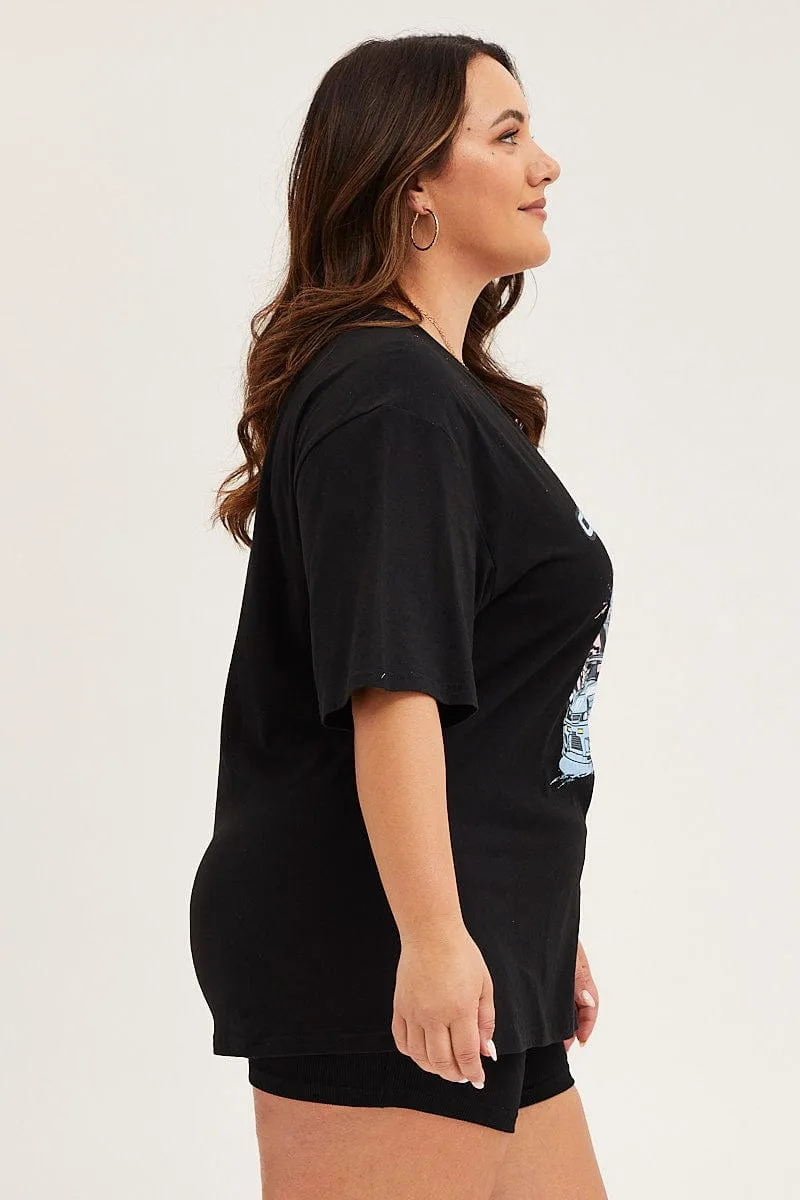 Hygroscopic Fiber Fun Style Black Crew Neck Short Sleeve Graphic T-shirt