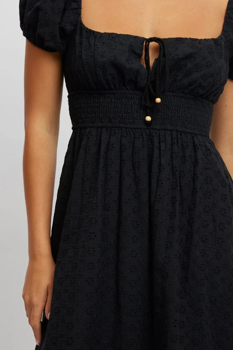 Mesh Touch Ivory Shine Black Maxi Dress Puff Sleeve Eyelet Fabric