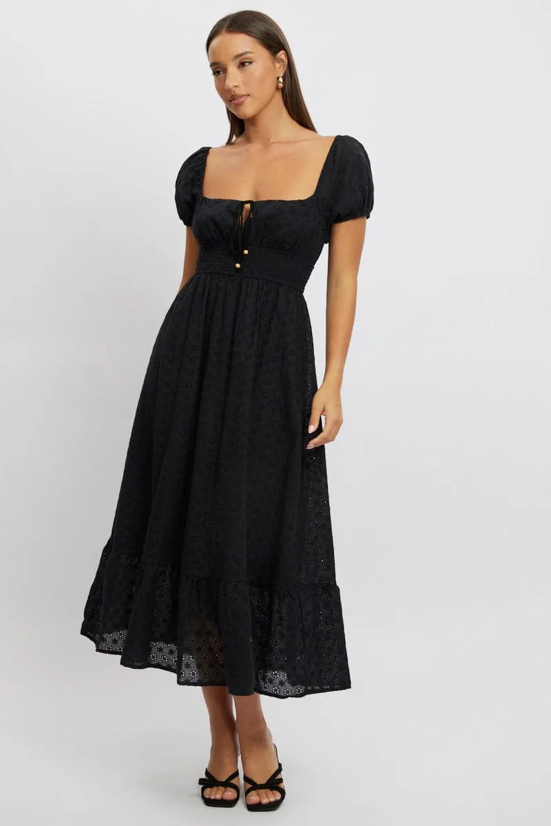 Shell Shine Hemp Glow Black Maxi Dress Puff Sleeve Eyelet Fabric