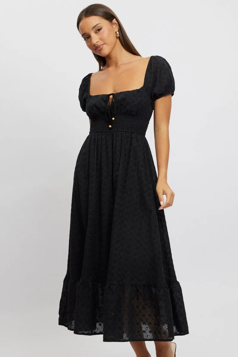 Casual yet elegant outfit Black Maxi Dress Puff Sleeve Eyelet Fabric