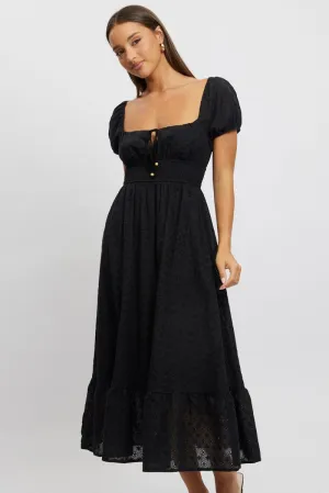 Casual yet elegant outfit Black Maxi Dress Puff Sleeve Eyelet Fabric