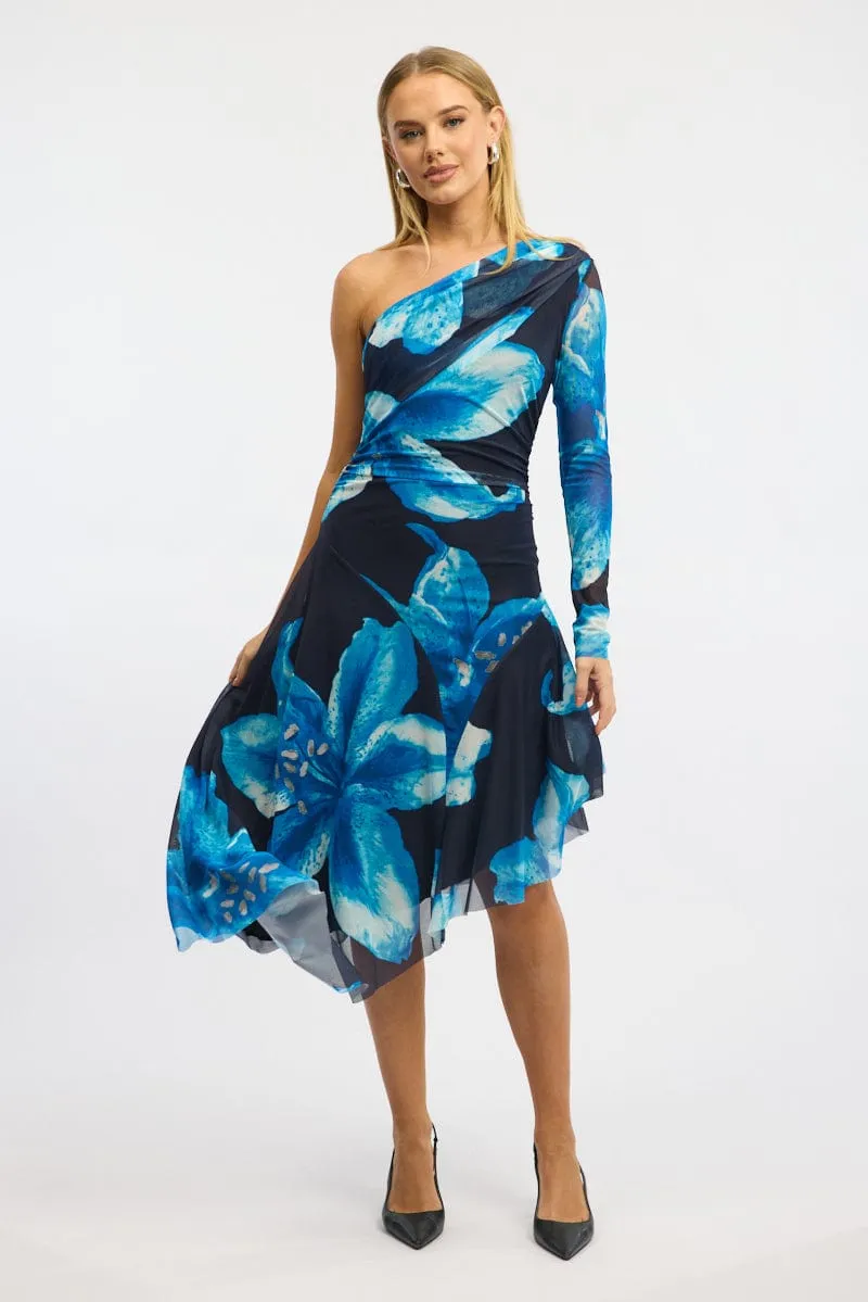 Blue Floral One Shoulder Dress Mesh Versatile maxi with accessories Evening Chic